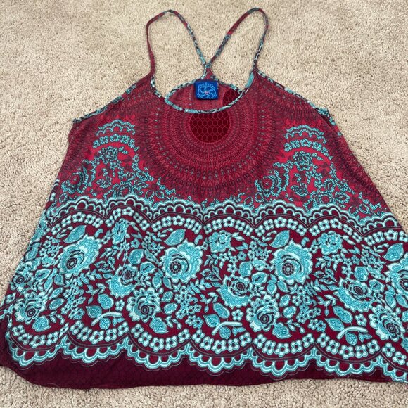 Blue Gecko Tank Women S Red Blue Bohemian Hippie Flowy Floral Racerback Thailand - Picture 2 of 8